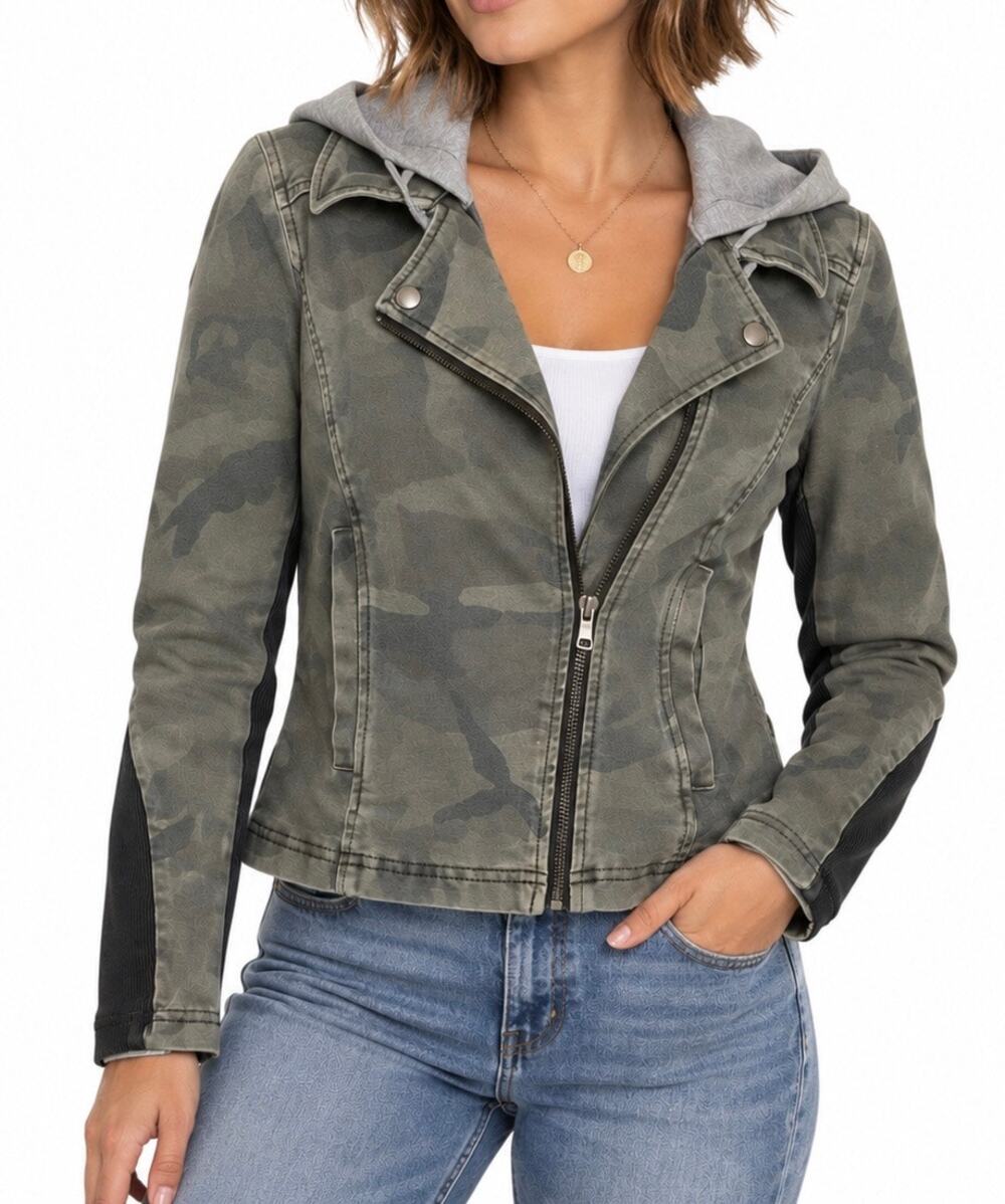 Marrakech Camo Stretchy Cropped Moto Jacket with Grey Knit Hood Size Small